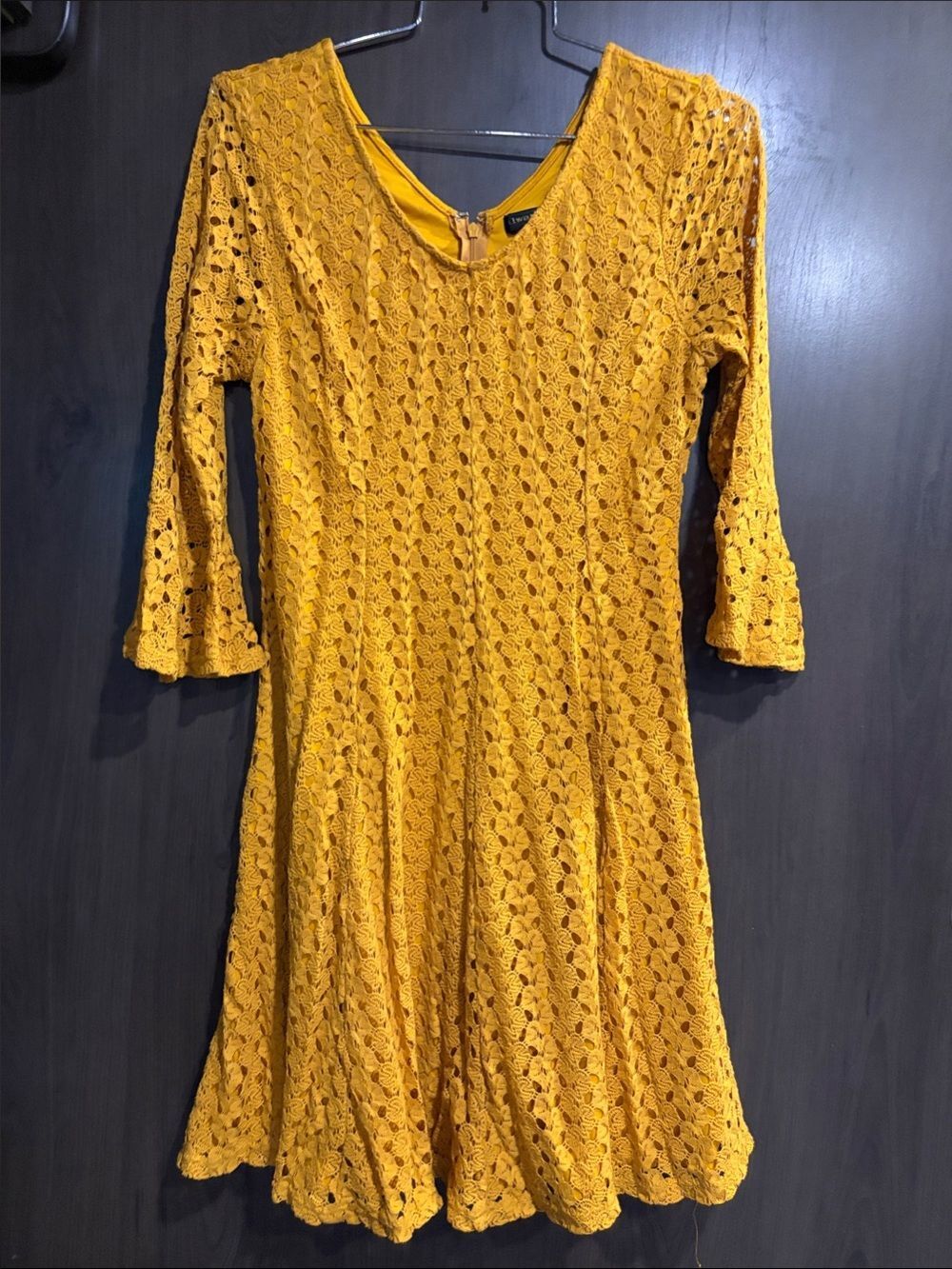 Women's Mustard Crochet Lace Long Sleeve Fit & Flare Dress